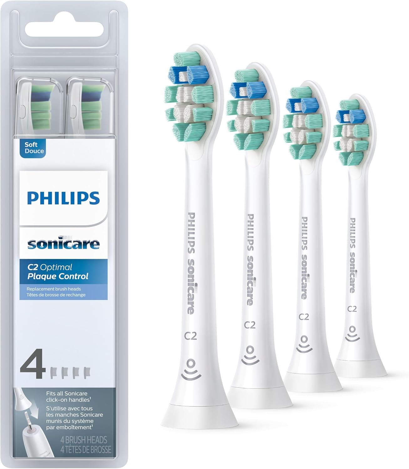 Philips Sonicare C2 Plaque Control - Cabezales de repuesto genuinos para cepillo de dientes eléctrico, Blanco, paquete de 3, HX9023/65