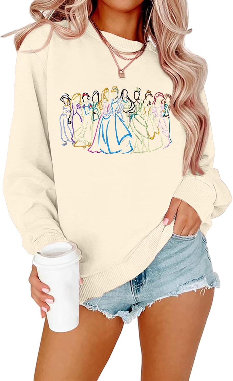 BANGELY Sudadera mágica para mujer, lindo suéter de princesa mágica bordado, camisa de vacaciones para la familia, camiseta casual de manga larga