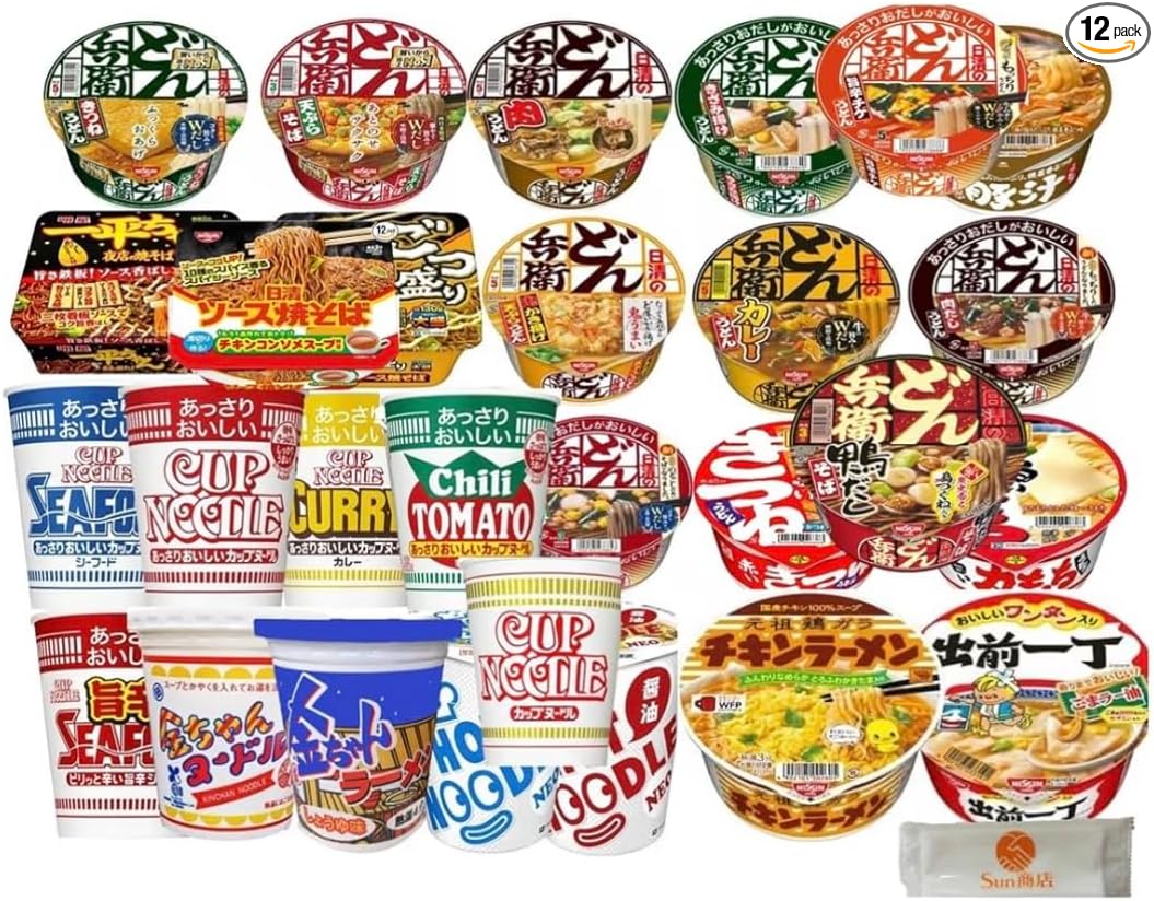 Popular Cup Ramen 12 Varieties Nissin Donbei Cup Noodles Meisei Ippeichan 12-Piece Assortment Set with Wipes Included