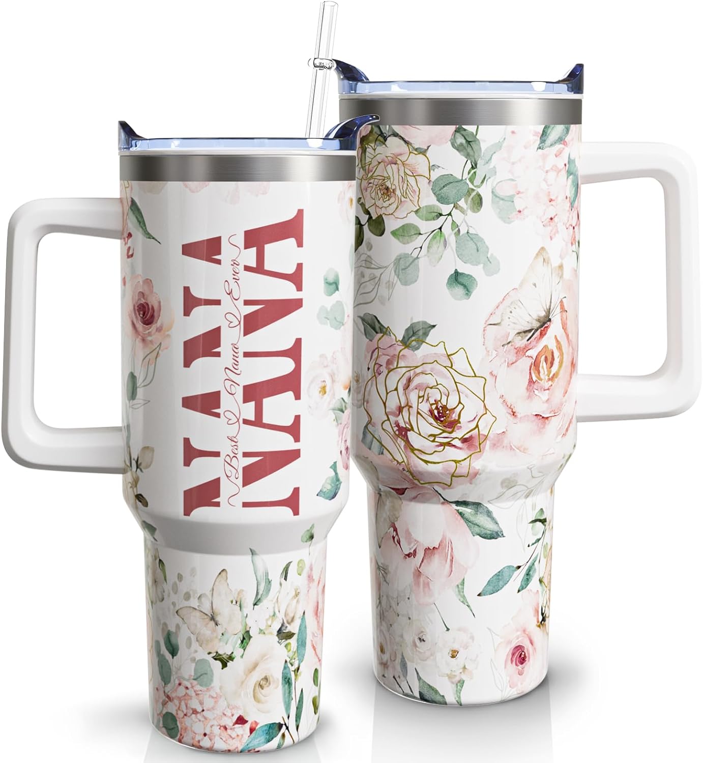Mimi - Vaso de café con asa y pajita, de acero inoxidable, con diseño de Best Mimi Ever Sky Blue, 40 onzas, regalo para la abuela
