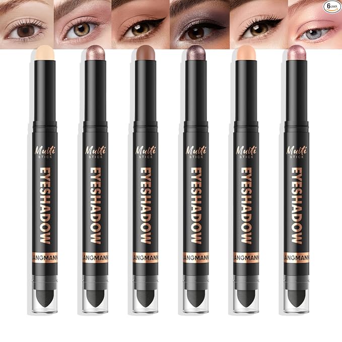 LANGMANNI 8Colors Dual-Ended Cream Eyeshadow Stick Set – Silky Smooth, Waterproof & Transfer-Proof, Built-in Blender Brush, All-Day Matte & Shimmer Wear Eye Makeup(#A)