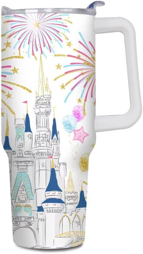 Castle - Vaso de 40 onzas con tapas y pajitas, vaso aislado de acero inoxidable, taza de viaje con fuegos artificiales, regalos para mujeres