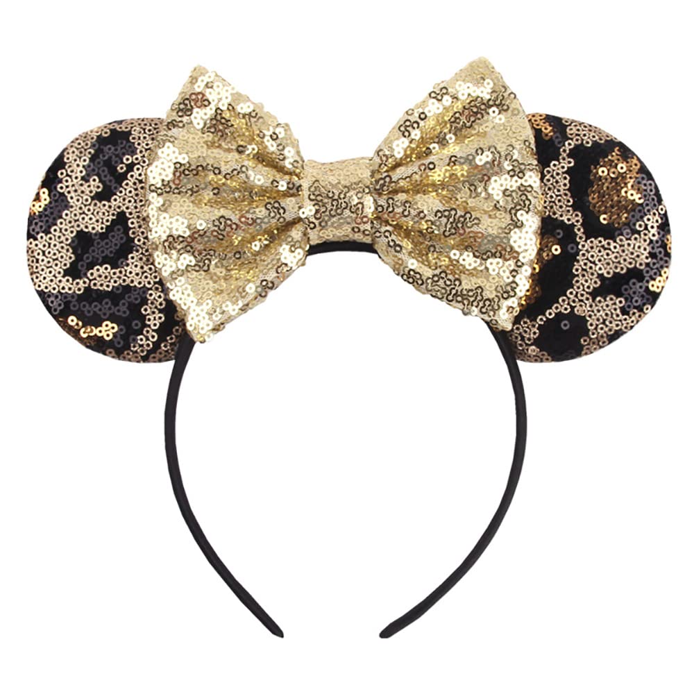 Foeran - Diademas con orejas de ratón, arcos brillantes, orejas de ratón con purpurina, decoración para fiesta de princesa, disfraz para niñas y mujeres (impresión de leopardo-1)