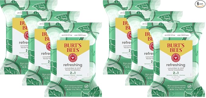 Burt's Bees Rellenos para calcetines, Toallitas faciales de pepino y menta, para todo tipo de piel, Toallitas refrescantes para remover maquillaje y limpieza facial, Regalos de cuidado de la piel para