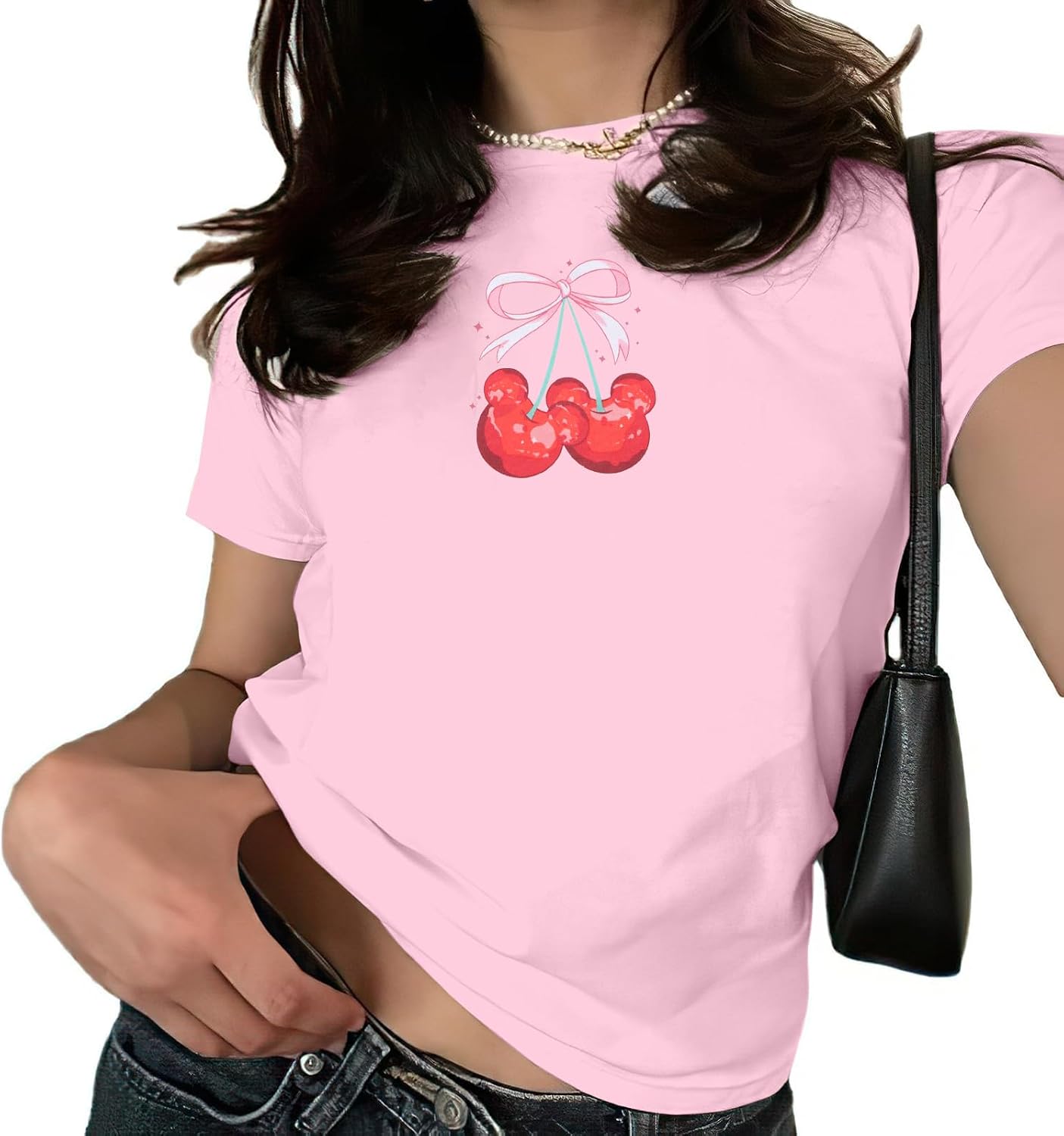 Camiseta con Lazo de Cerezas Rosa para Mujer: Blusas Coquette, Camisetas Estéticas de Chica Limpia, Camisetas Casuales de Verano de Manga Corta