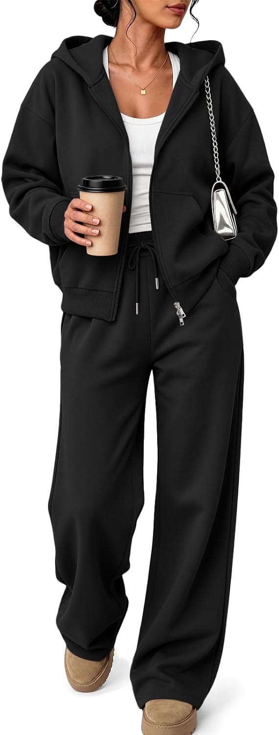 Trendy Queen Womens 2 Piece Cropped Sweat Sets Lounge Fall Sweatsuits | Zip Up, Oversized Hoodie, Wide Leg Sweatpants, Airport Travel Matching Outfits, 2026 Comfrt Winter Track Suits