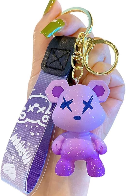 [LeChengMM] Men Women Keychain,Cute Bright Color Bear Keychain,Idea Braided Rope Resin Animal Pendant,Metal Keychain