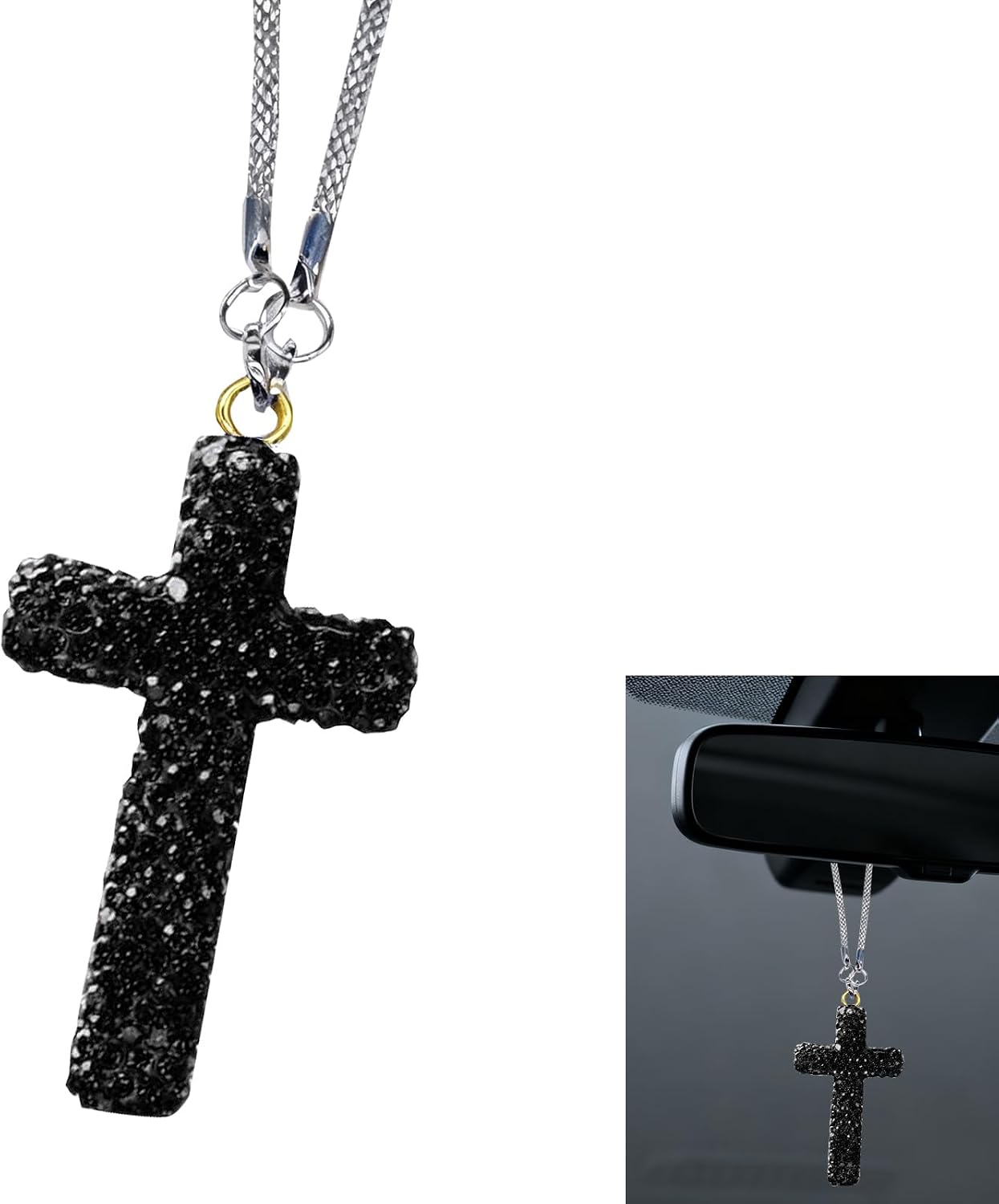 Adorno colgante de cruz brillante para automóvil, colgante de cruz de diamantes de imitación brillantes para espejo retrovisor de automóvil, colgante de decoración de espejo retrovisor de