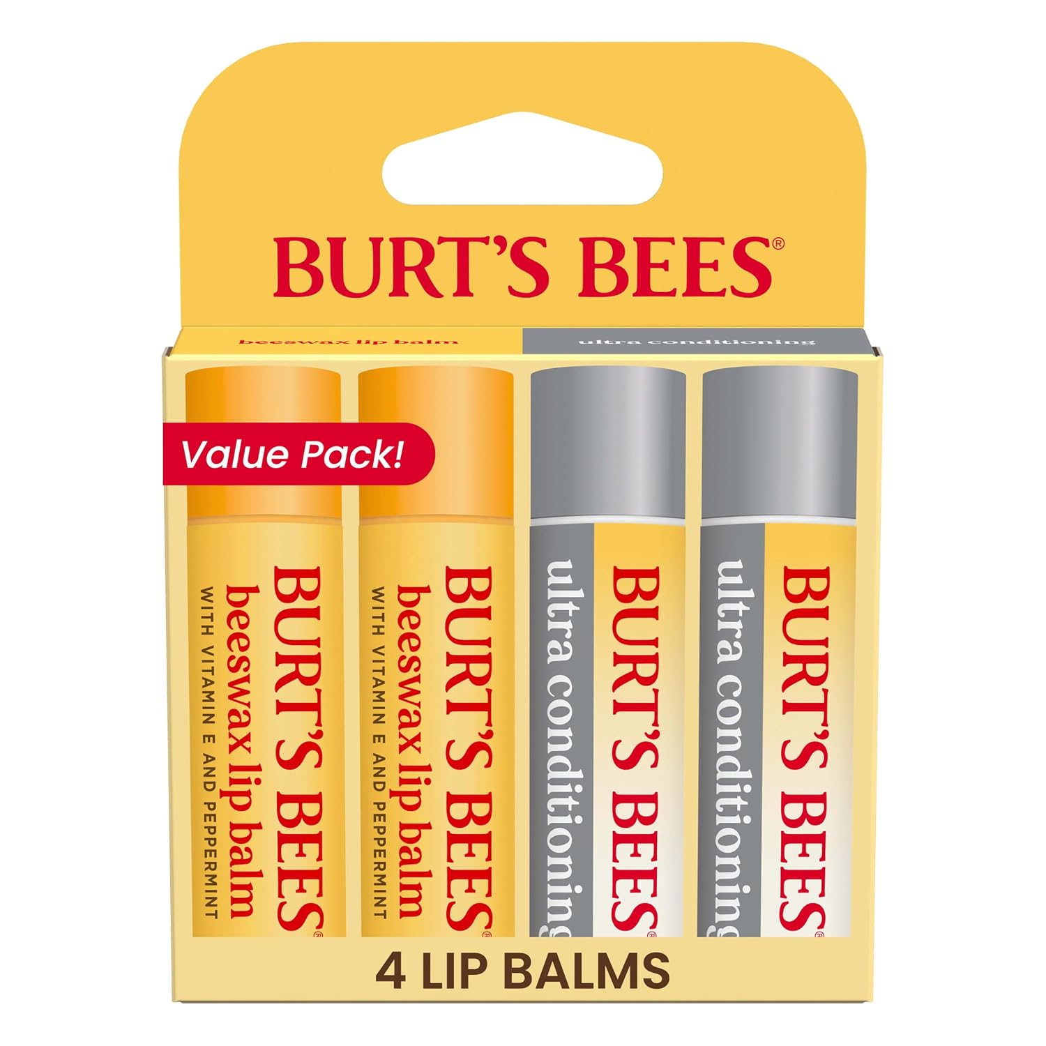 Burt's Bees Bálsamo labial, cuidado de labios hidratante, 100% de origen natural, ultra acondicionador con karité, cacao y manteca de kokum, 0.15 onzas, cuatro tubos