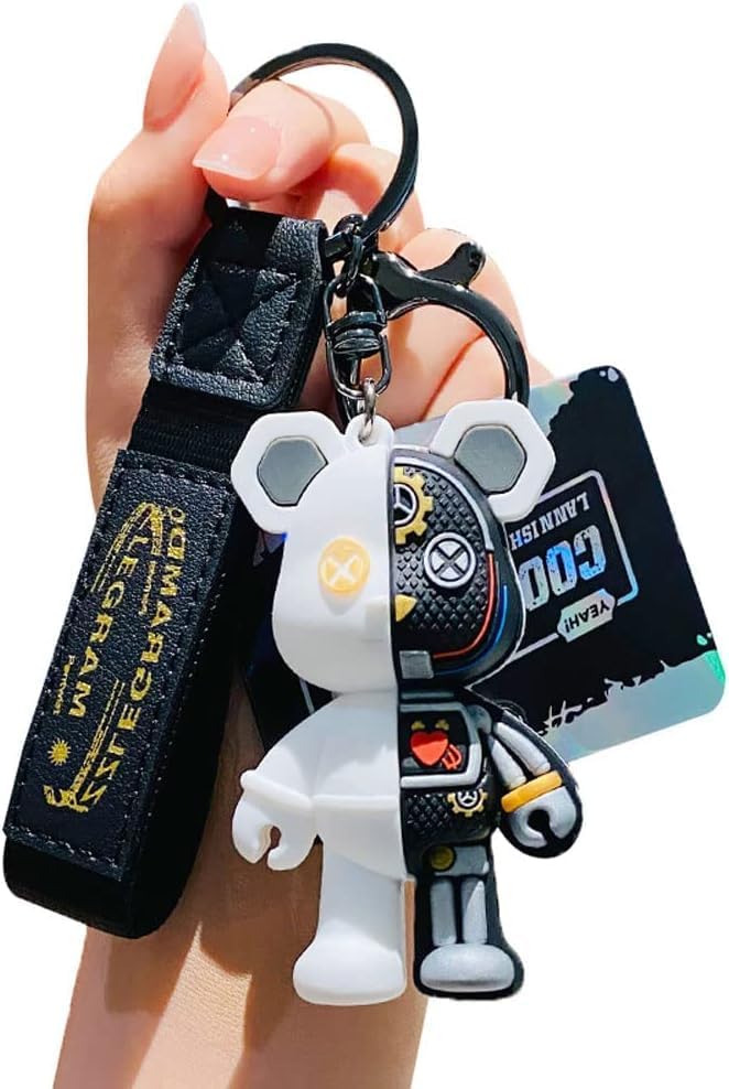 [AIXUAN] Men Women Boys Girls Cool Semi Machine Body Standing Bear Keychain Christmas Gift Animal Pendant Metal Keychain (Black)