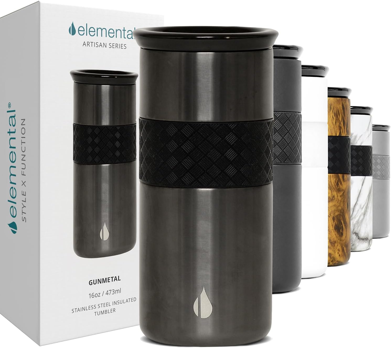 Elemental Vaso aislado artesanal, taza de viaje para café de triple pared, reutilizable, de acero inoxidable, con tapa de cerámica, tazas de café térmicas para bebidas calientes (6 horas) y frías (18 horas), 16 onzas, flores azules