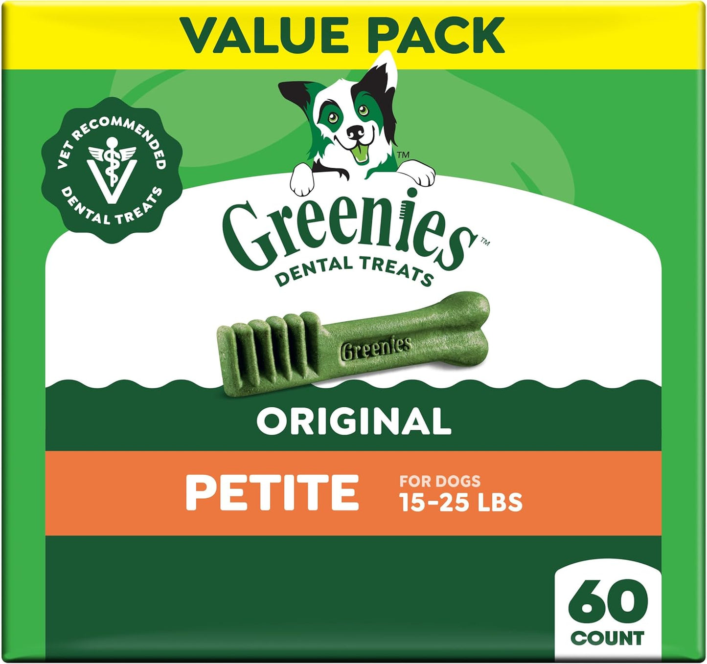 Greenies - Golosinas naturales para la salud dental de perros pequeños, sabor original, paquete de 36 onzas (60 unidades)