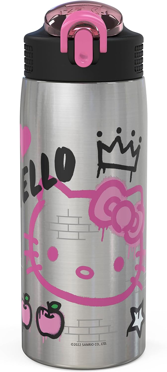 Zak Designs Disney Sage - Botella de agua para niños para la escuela o viajes, botella de agua de acero inoxidable de 19 onzas con pajita, asa y tapa de boquilla desplegable a prueba de fugas (Stitch)