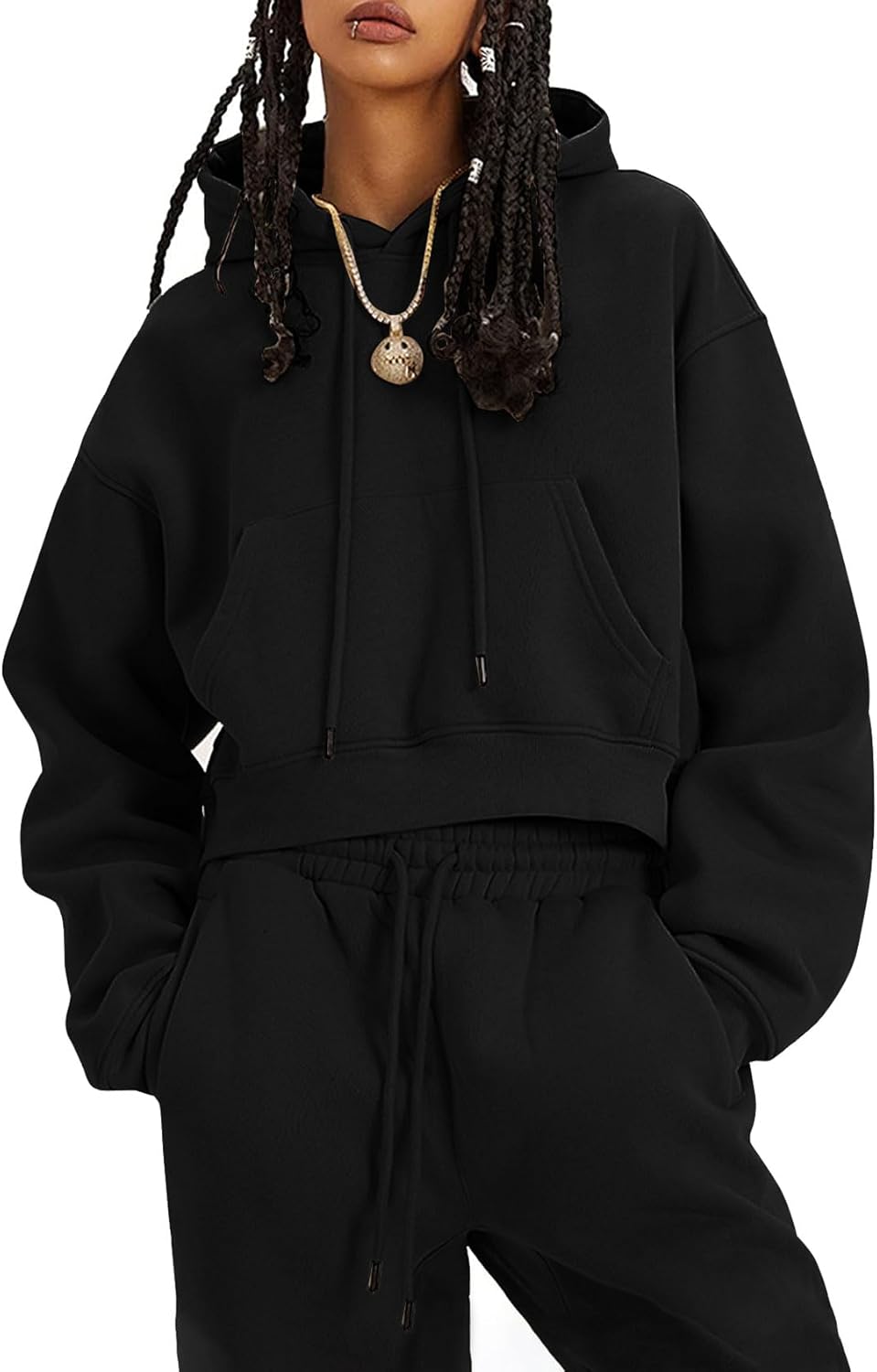 Flygo Conjunto deportivo de 2 piezas de forro polar para mujer, sudadera corta, sudadera y pantalones deportivos