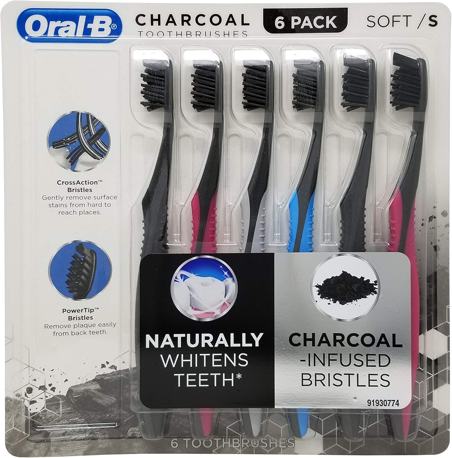 Oral-B - Cepillo de dientes manual 3D de carbón blanco, paquete de 2, cerdas medianas, cepillos blanqueadores de dientes para adultos