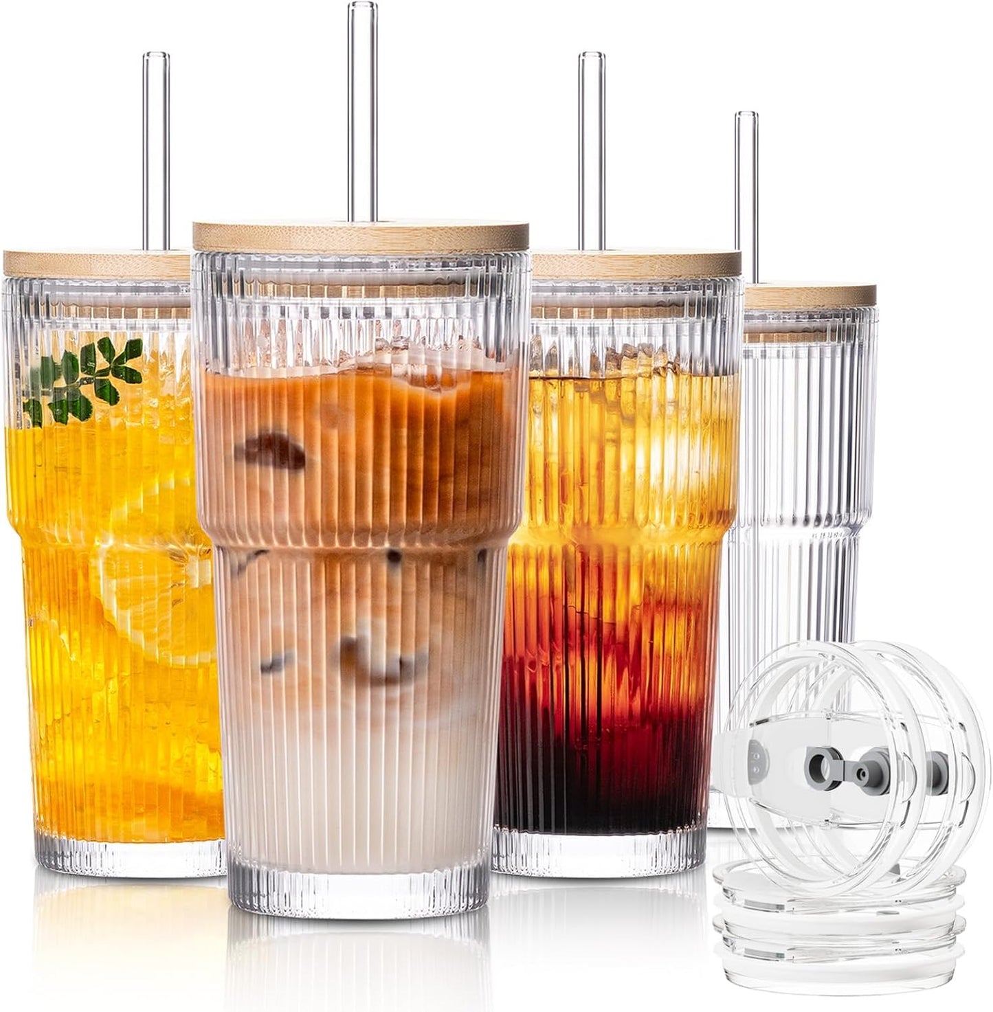 SoulTimes Juego de 2 vasos de vidrio acanalados y florales de 20 onzas, vasos de vidrio reutilizables con tapa y popote de vidrio, tazas de café helado para agua, batido, leche, cóctel y más, perfecto