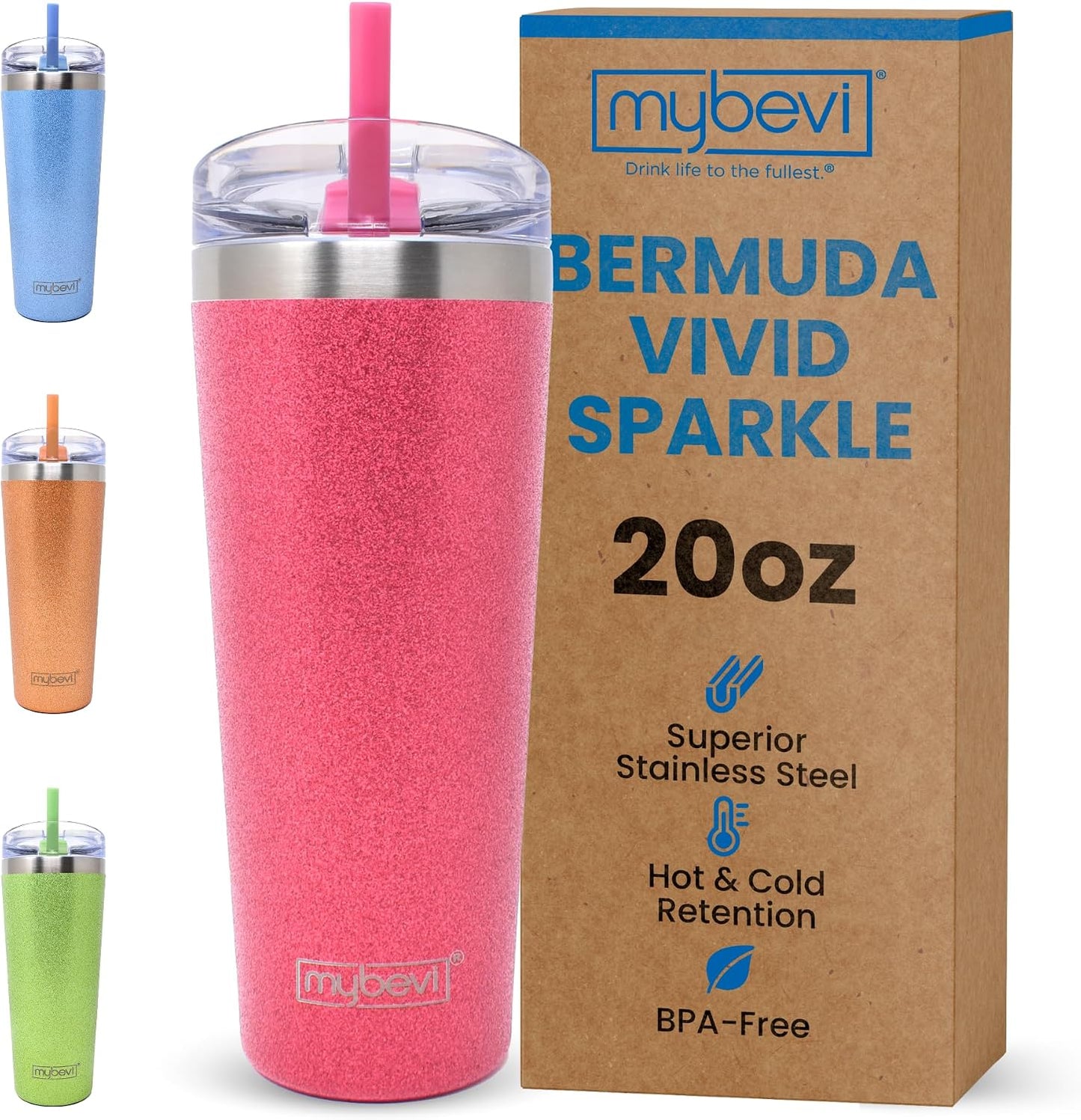MyBevi Bermuda Vivid Sparkle - Vaso de acero inoxidable aislado con tapa, doble pared sellada al vacío, taza de viaje apta para soportes de automóvil, 20 onzas, verde menta
