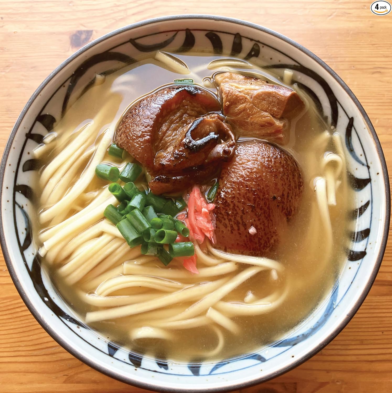 Grilled Soft Cartilage Pork Belly Soba 4-Person Set Okinawa Soba 【Dry Noodles】 with Bonito Pork Bone Soba Broth, Grilled Soft Cartilage Pork Belly, Red Ginger, and Curry Sauce Included Okinawa's Soul