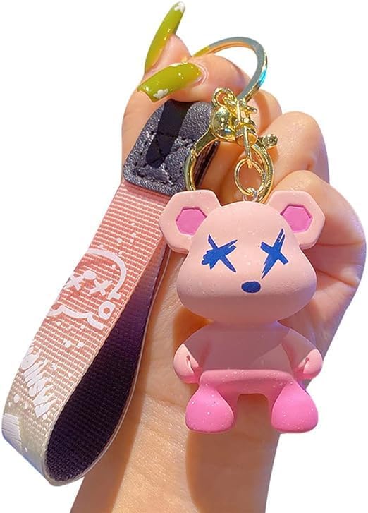 [LeChengMM] Men Women Keychain,Cute Bright Color Bear Keychain,Idea Braided Rope Resin Animal Pendant,Metal Keychain