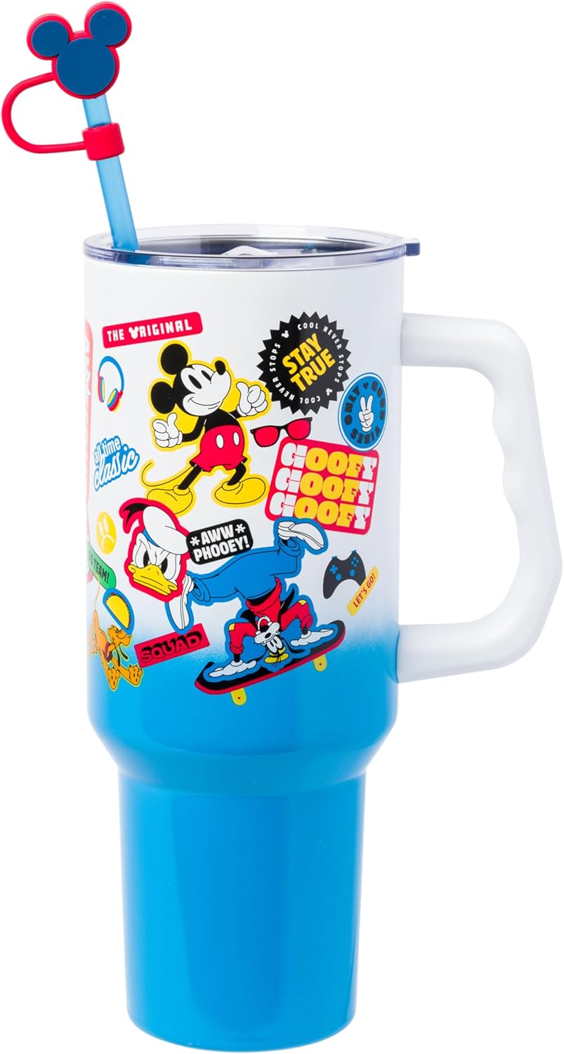 Silver Buffalo Disney Mickey and Friends Daisy, Donald Duck, Goofy, Pluto, Minnie Decals - Vaso de acero inoxidable de doble pared con asa, popote y tapa con pajilla, cabe en portavasos estándar, 40