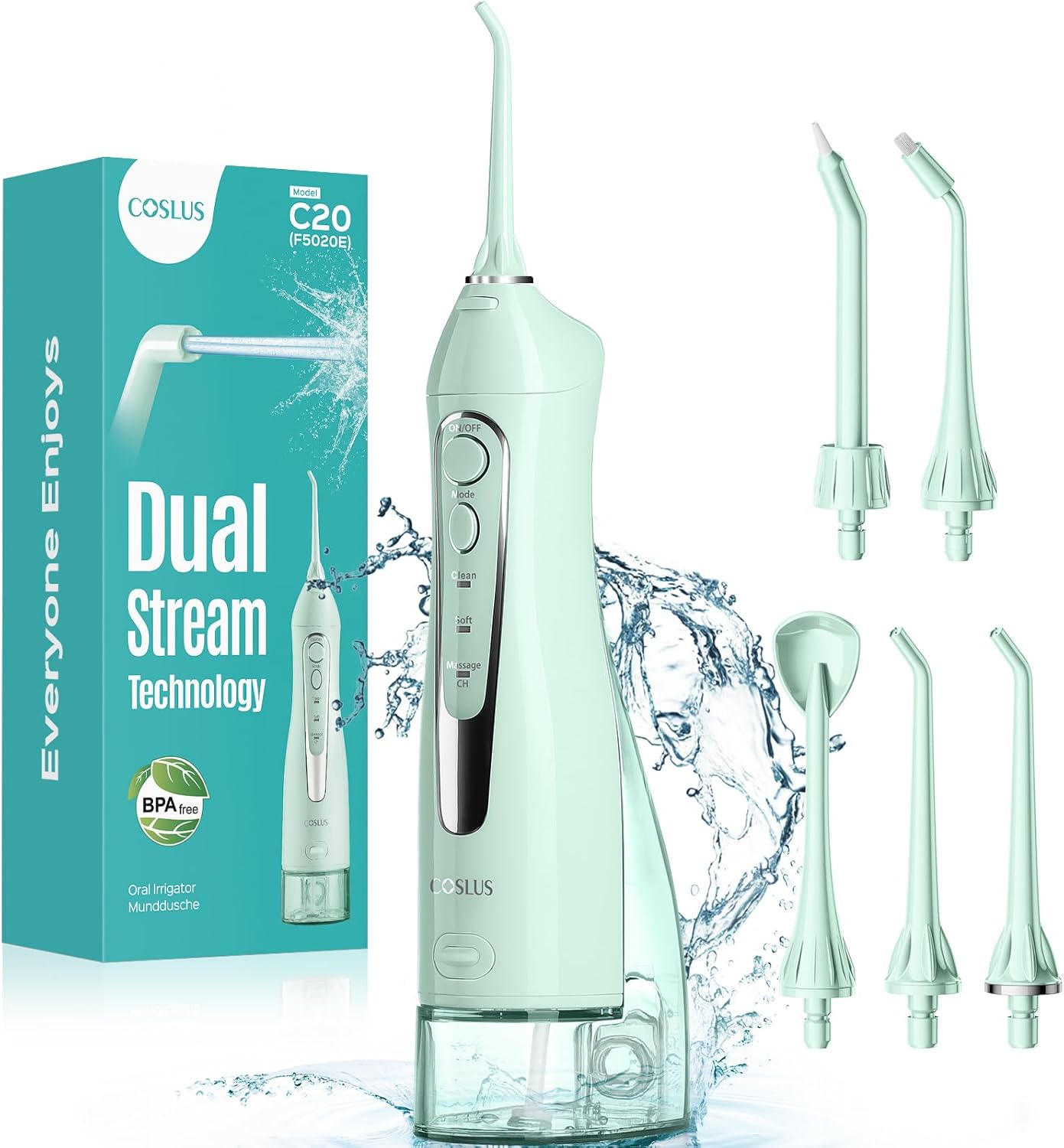 COSLUS ADA Accepted Water Dental Flosser Teeth Pick C20: Portable Cordless Oral Irrigator 300ML Rechargeable Travel Irrigation Cleaner IPX7 Waterproof Electric Flossing Machine, Professional Set Black