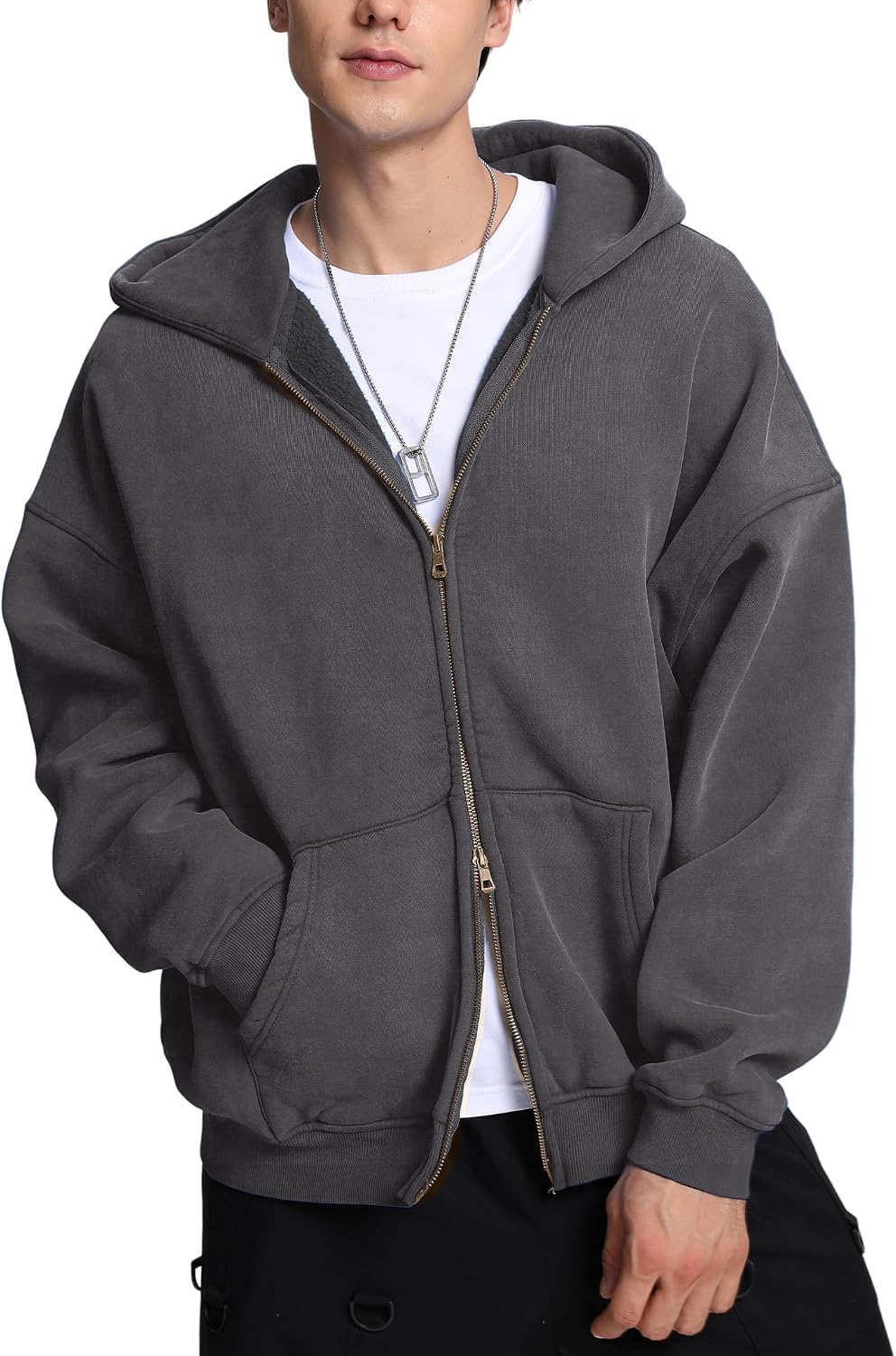 FAIABLE Sudadera con capucha y cremallera para hombre y mujer, de gran tamaño, con lavado ácido, pesada, de algodón, forro polar, con cremallera, estilo vintage