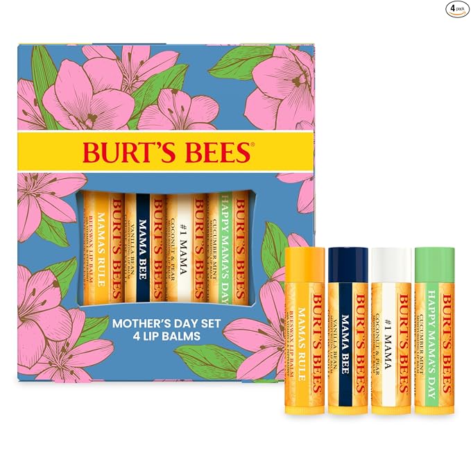 Burt's Bees Gifts Ideas - Juego de bálsamo labial para fiesta de jardín, vainilla lavanda, melocotón dulce, manzana verde, miel de flores silvestres, con cera de abejas de origen responsable, tratamiento labial de origen natural, 0.15 onzas, cuatro tubos
