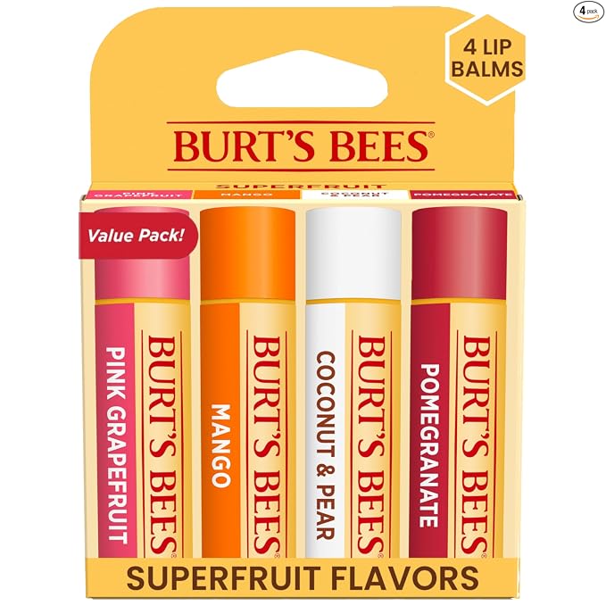 Burt's Bees Lip Balm, Beeswax, Strawberry, Coconut and Pear, and Vanilla Bean Pack, With Responsibly Sourced Beeswax, Tint-Free, Natural Lip Treatment, 0.15 oz., Four Tubes