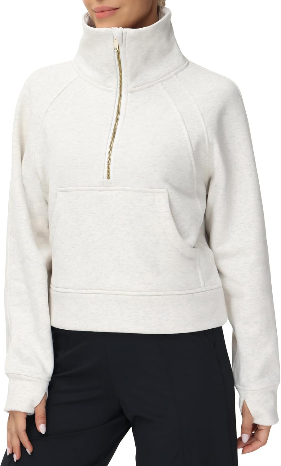 THE GYM PEOPLE Sudadera corta de forro polar con media cremallera para mujer con bolsillos y agujero para el pulgar | Crop sweatshirt with thumb hole, Functional pockets, Fleece Lined, Half zip sweatshirt for work, travel