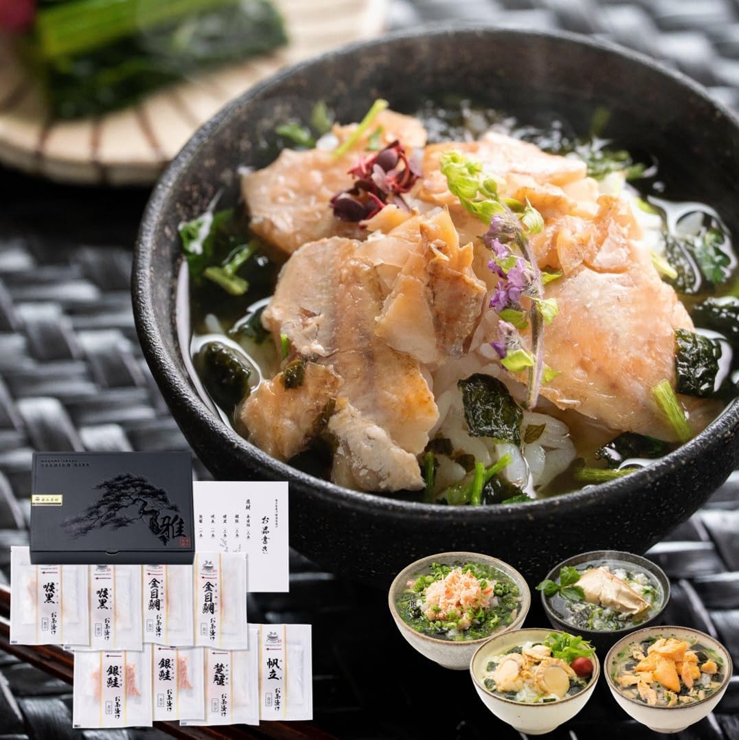 Onakamoto Premium Chazuke Gift Megumi Tea House ("Ya"/ 8 Servings / Produced in Shimane Prefecture, Japanese Throat Black Snamper, Giname Salmon, Scalloped and Zuai Crab, Includes Carrying Bag)