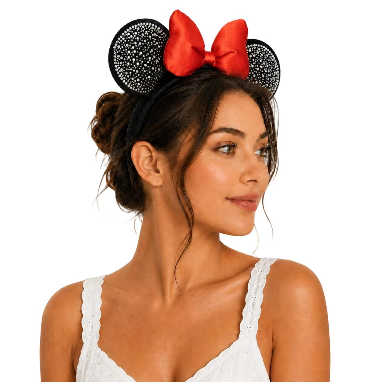 Diadema de terciopelo 3D con orejas de ratón con cuentas de perlas, lazo rojo con lentejuelas, diadema de fiesta en el parque para mujeres y niñas