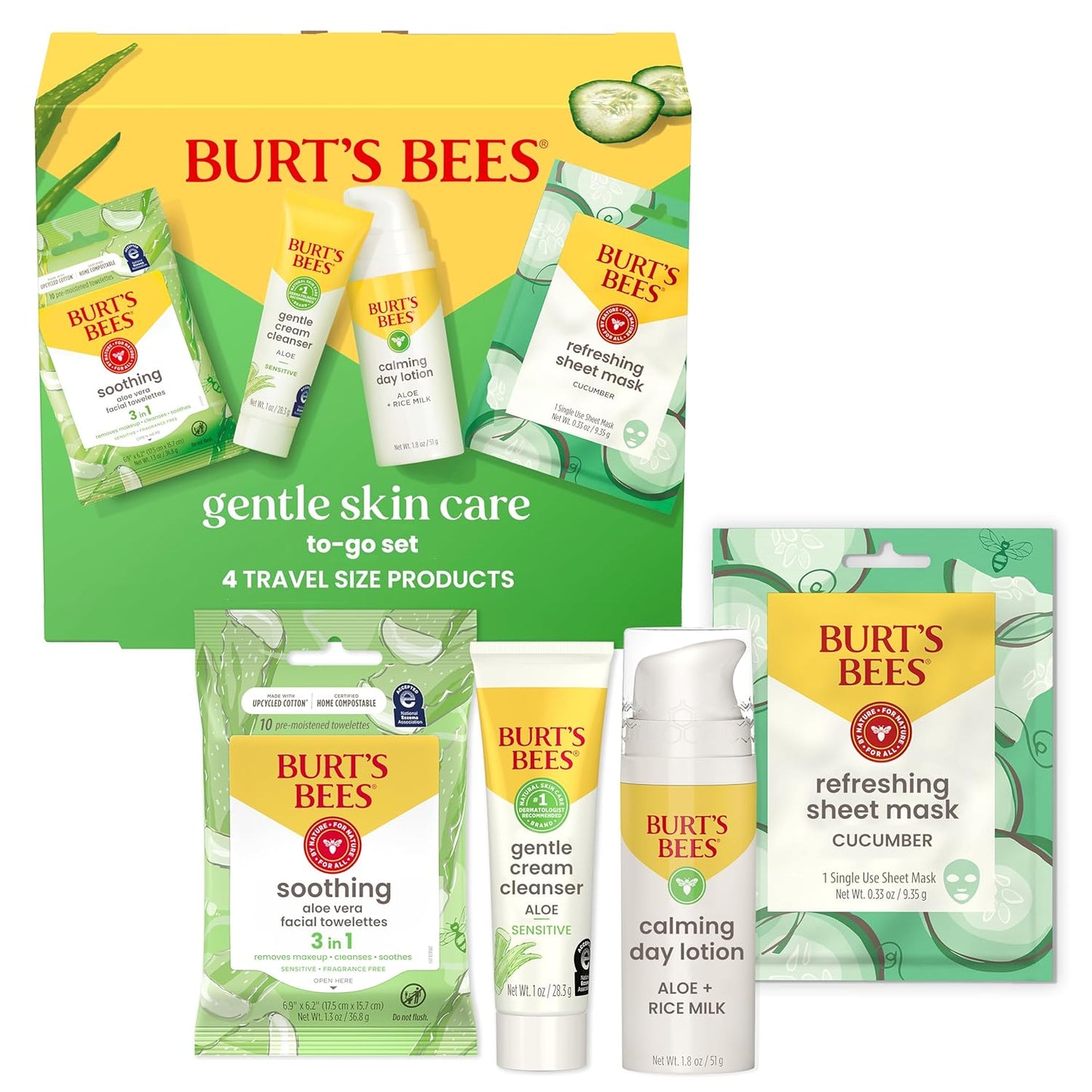 Burt's Bees - Loción facial calmante de día con aloe y leche de arroz, loción facial calmante para piel sensible, 98.9 por ciento de origen natural para el cuidado de la piel, botella de 1.8 oz. 52.6