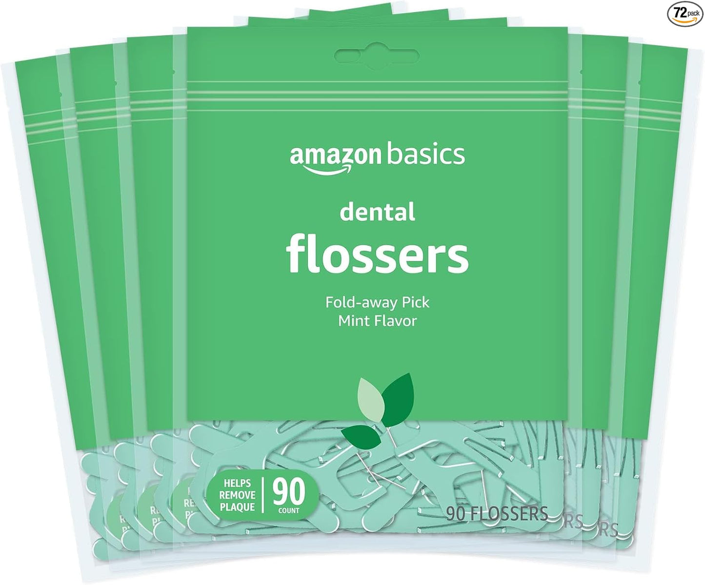 Basics Mint Dental Flossers, Shred Resistant, Slides Easily Between Teeth, with Fold-Away Pick, 90 Count, 1-Pack (Previously Solimo)