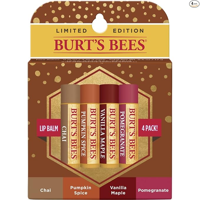 Burt's Bees - Bálsamo labial hidratante 100 % natural, fresa con cera de abejas y extractos de frutas, 4 tubos