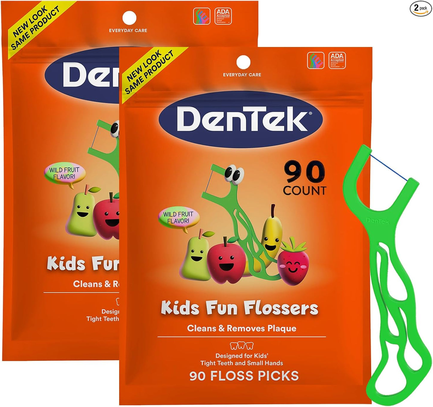 DenTek Fun Flossers - Palillos de hilo dental para niños con sabor a fruta silvestre, 90 unidades
