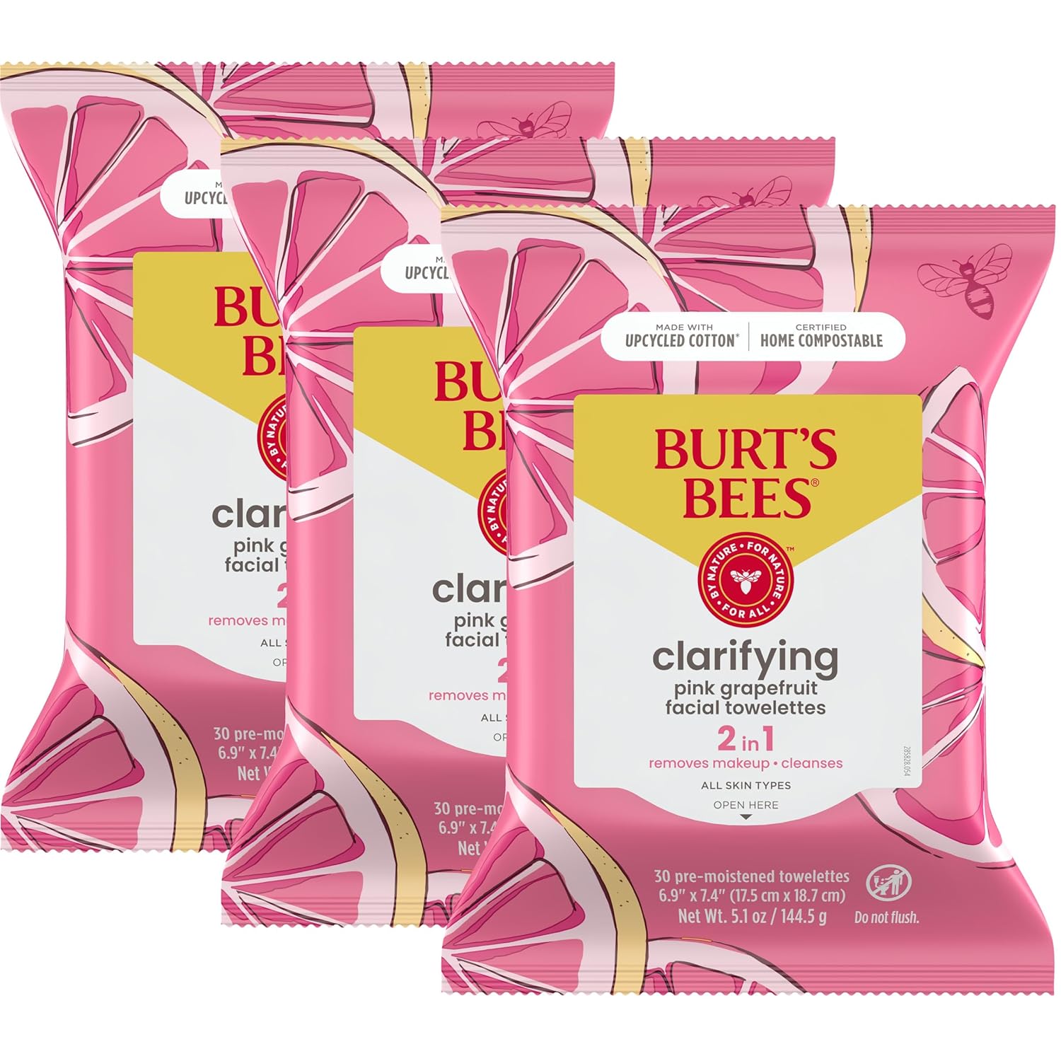 Burts Bees - Toallas faciales micelar de agua de rosas, 100% tela a base de plantas; 99% origen natural; quita el maquillaje, limpia, hidrata; sin residuos grasos y grasos; todo tipo de piel; 30 unidades, paquete de 3 (paquete puede variar)