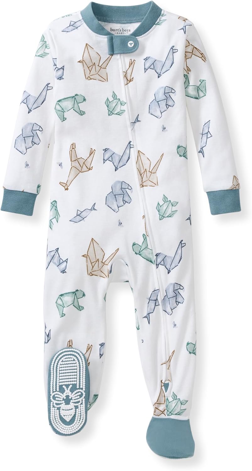 Burt's Bees Baby Pijama de algodón orgánico para niños, ajuste cómodo con pies | Convenient 2-way zip front sleeper pajama is equipped with non-slip bee grips for active littles on the move