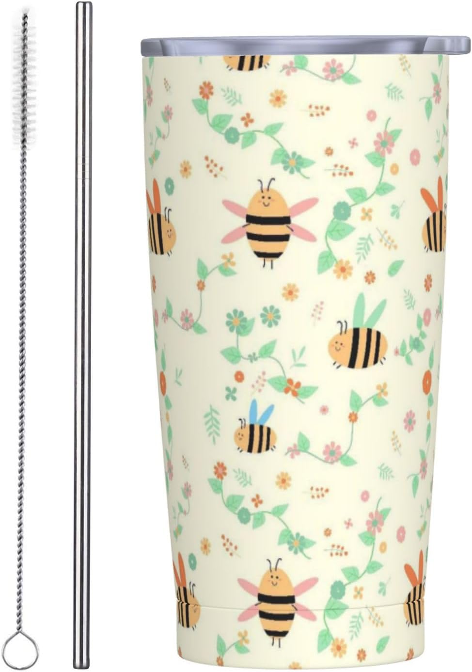 Vaso de 20 onzas con tapa y popote para mujer, diseño floral retro, con aislamiento, diseño floral retro, diseño de flores moradas, de acero inoxidable, taza de viaje al vacío de doble pared