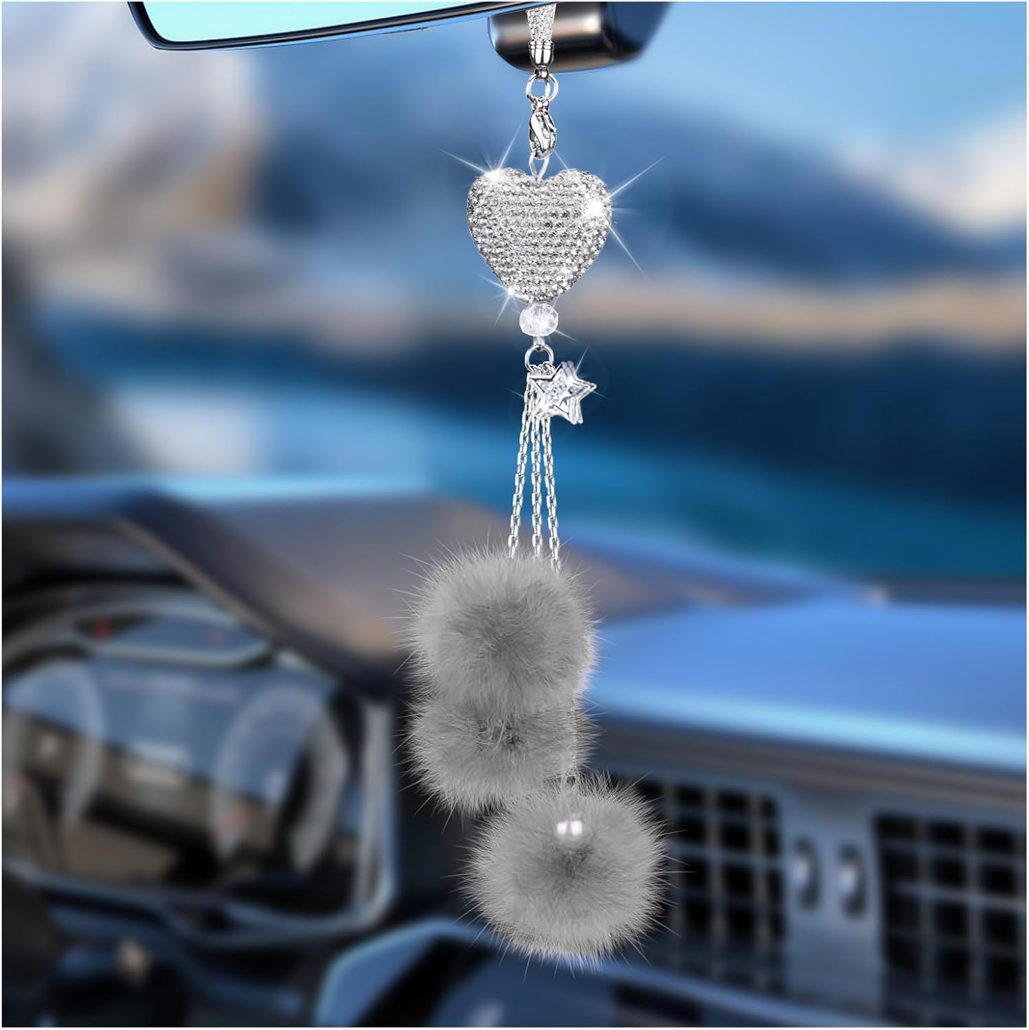 Adorno brillante para colgar en el automóvil, accesorios de espejo de automóvil para mujer, corazón de diamante y bola de felpa mullida, accesorios de automóvil para colgar, colgante para espejo