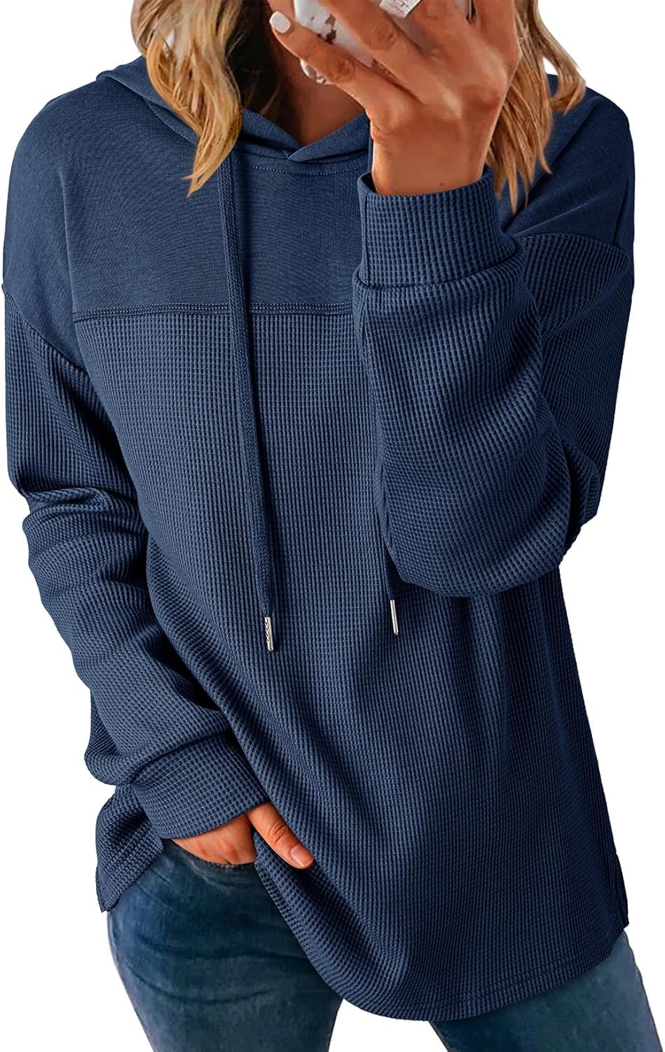 Dokotoo Sudaderas con capucha para mujer, de punto gofre, manga larga, con cordón, ligeras, con capucha