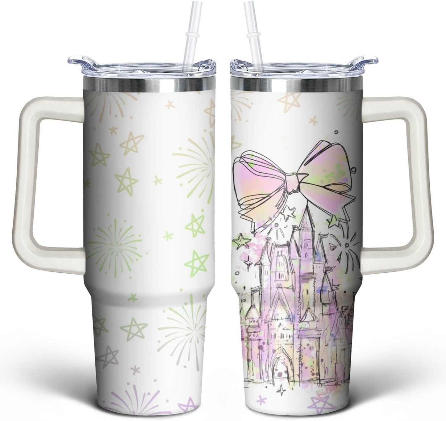 Vaso de acero inoxidable de 30 onzas con asa, tapa y pajita, taza aislada con lazo de estrella para regalos y viajes de mujer