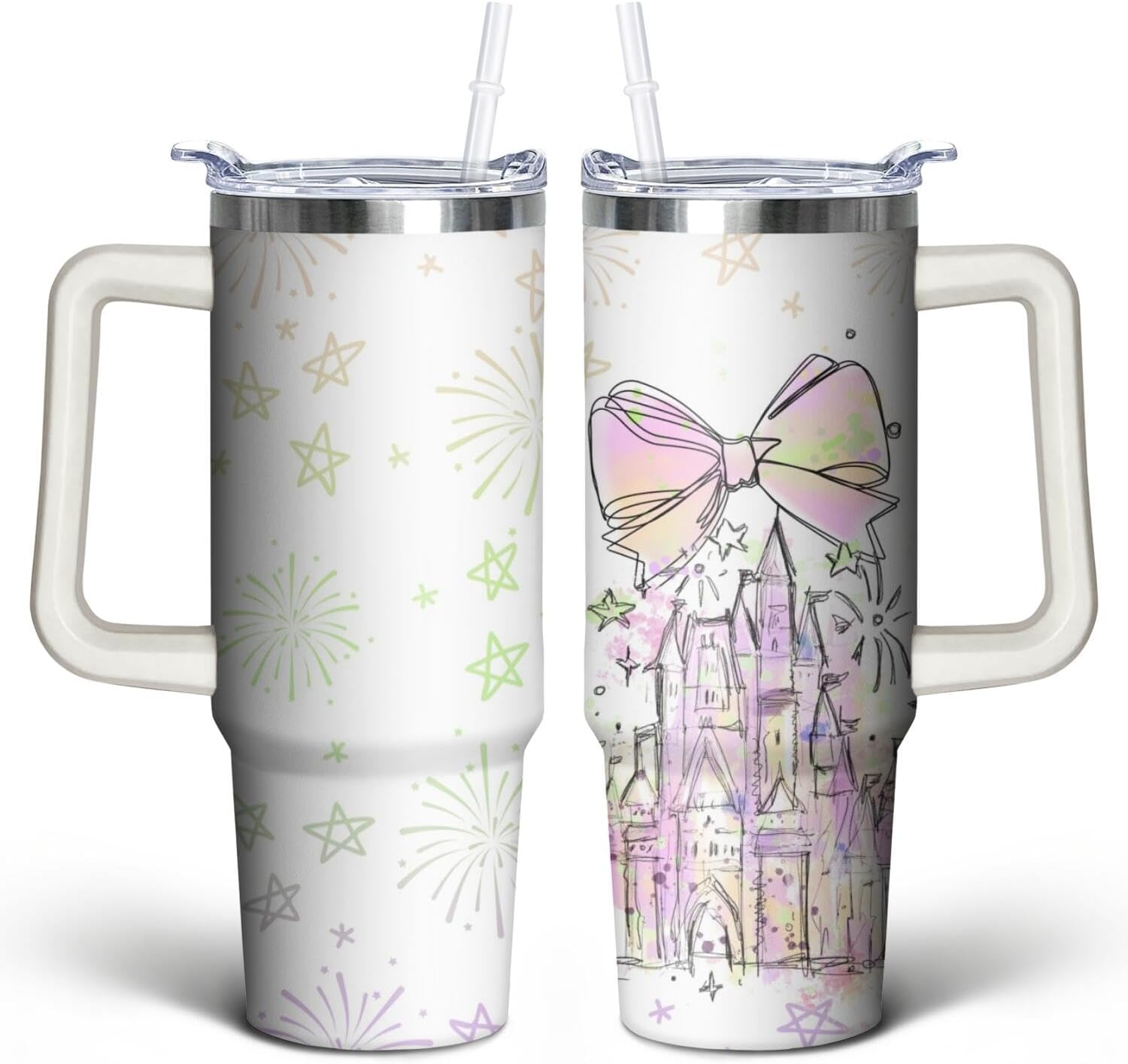 Vaso de acero inoxidable de 30 onzas con asa, tapa y pajita, taza aislada con lazo de estrella para regalos y viajes de mujer