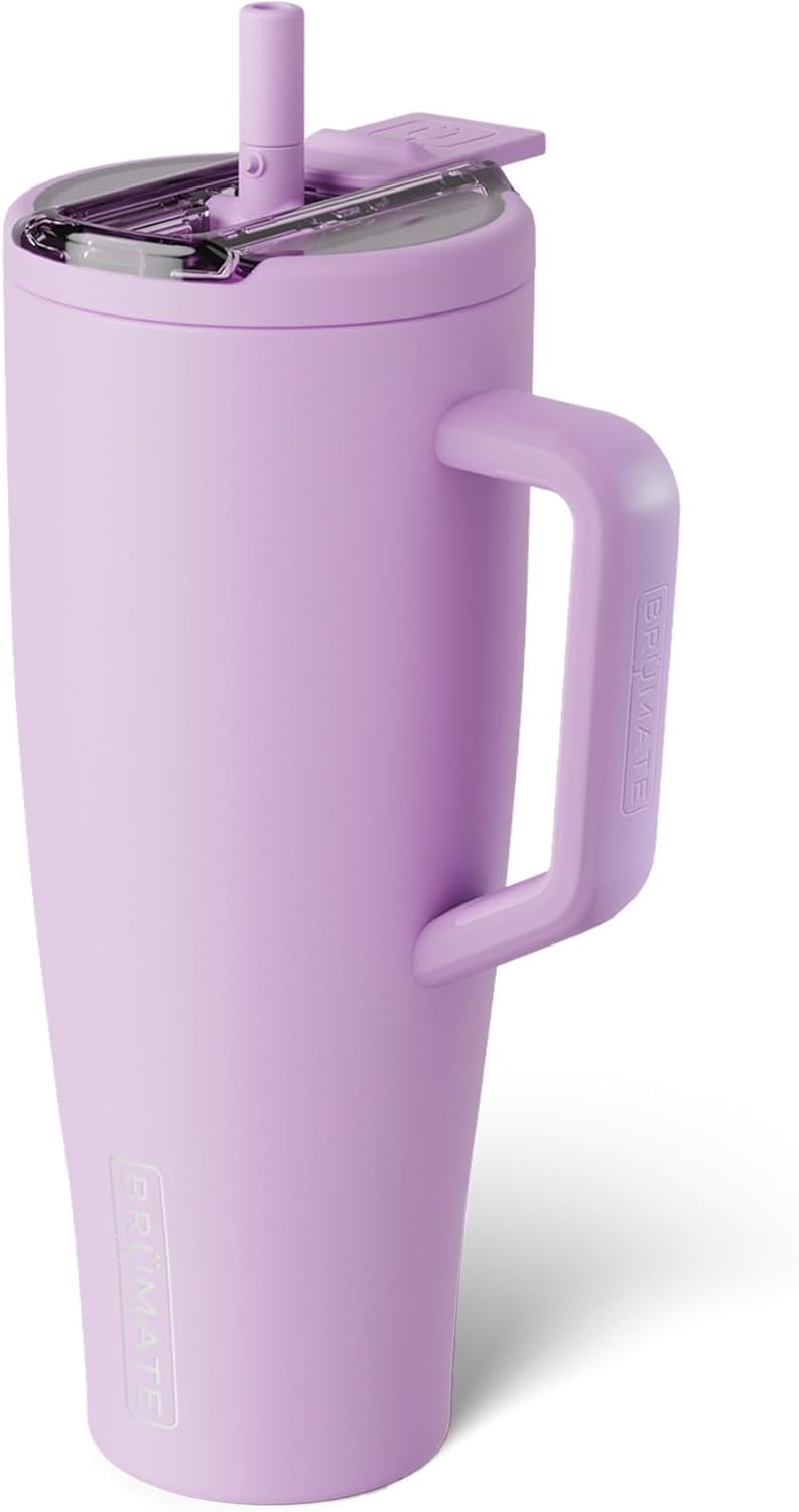 BrüMate Era Flip - Vaso de 40 onzas con tapa con pajilla cubierta 100 % a prueba de fugas, popote higiénico cubierto, botella de agua de acero inoxidable aislada con asa, apto para portavasos, sin BPA (Lilac Dusk)