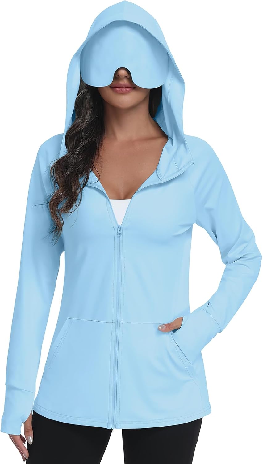 SeSe Code Sudadera con capucha UPF 50+ con máscara de ojos para mujer, chaquetas de viaje con cremallera para dormir, protección solar, bolsillos para siesta al aire libre