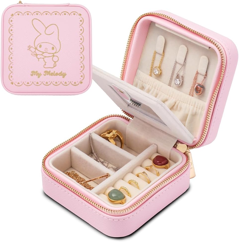 L'a Poume Sanrio Jewelry Case, Accessory Case, Ring Case, Medium Size, Compact with Mirror, Portable, Travel, Business Trip (Hello Kitty (Off-White)