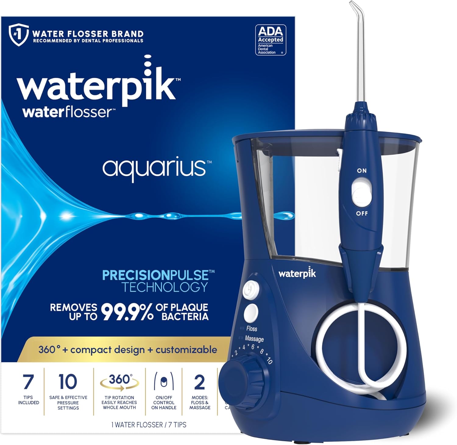Waterpik Aquarius - Hilo dental de agua para limpieza de dientes, encías, brackets, cuidado dental, energía eléctrica con 10 configuraciones, 7 puntas para múltiples usuarios y necesidades, aceptado