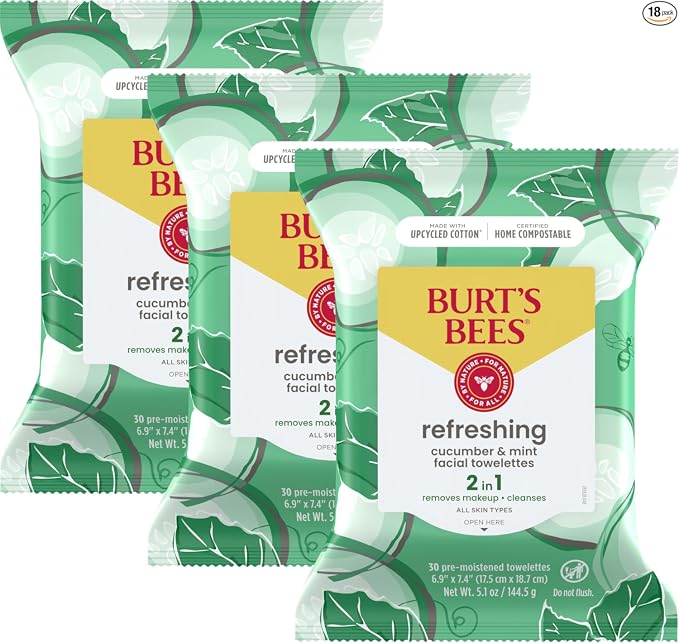 Burt's Bees Rellenos para calcetines, Toallitas faciales de pepino y menta, para todo tipo de piel, Toallitas refrescantes para remover maquillaje y limpieza facial, Regalos de cuidado de la piel para