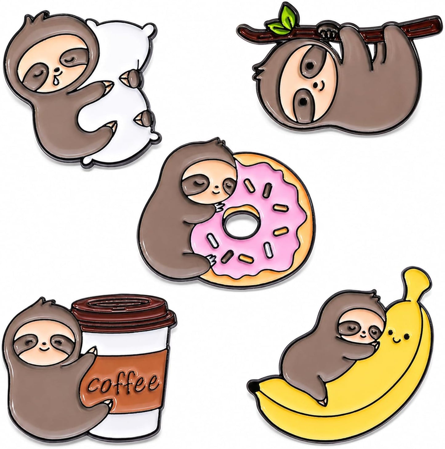 5Pcs Cute Coffee Cat Sloth Enamel Pin Set Cartoon Animal Coffee Cup Brooch Badges, Funny Lapel Pins for Backpacks, Jackets, Bags, Coffee Lover Gift