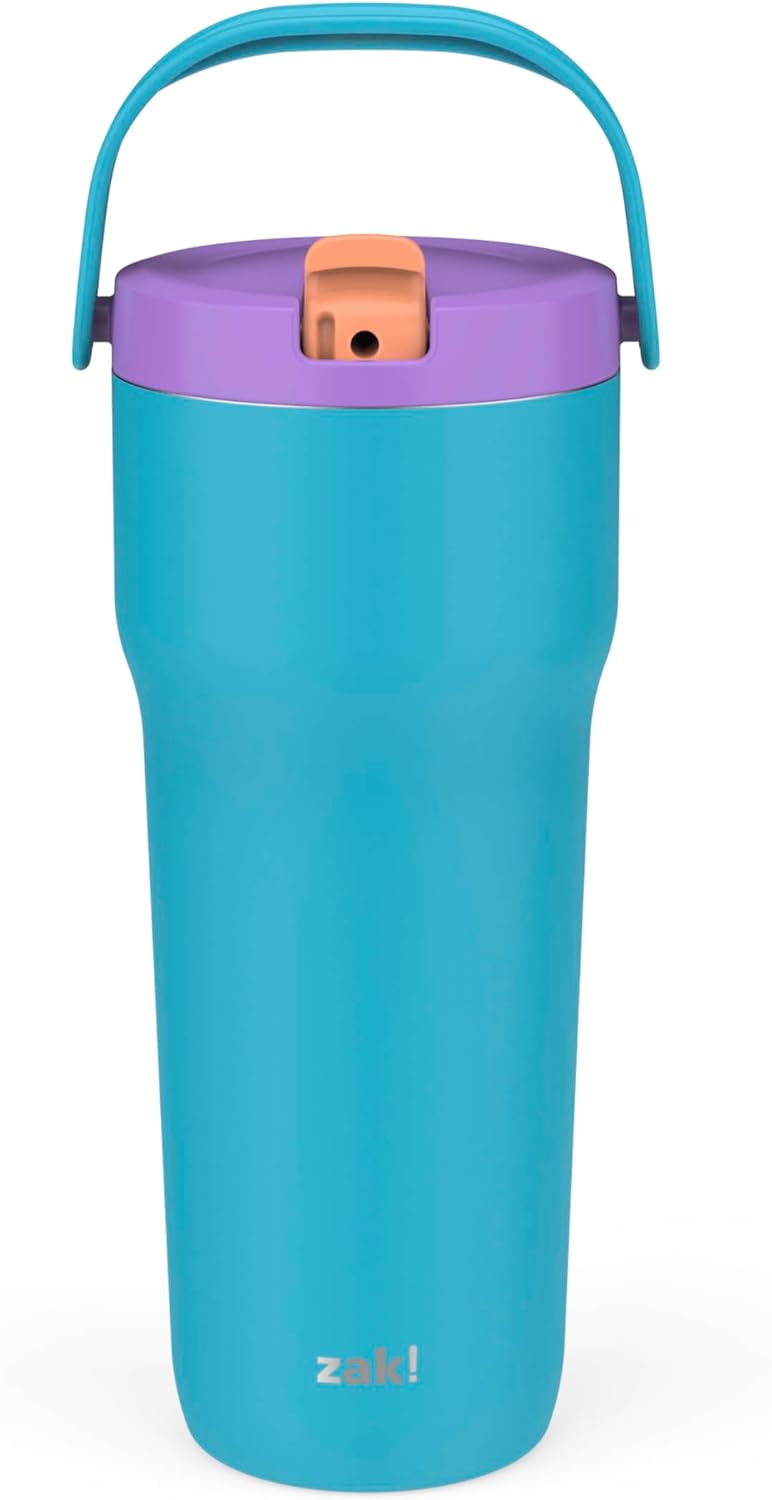 Zak Designs Disney Sutton - Vaso de viaje para llevar o en casa, acero inoxidable de 40 onzas con aislamiento al vacío, popote de silicona, asa de transporte y obras de arte 3D para bebidas frías (Minnie Mouse)