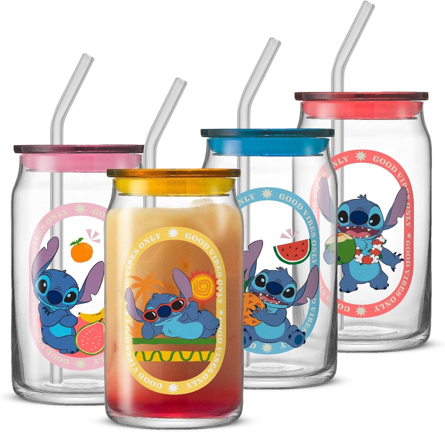 JoyJolt Tazas de vidrio con íconos de princesas Disney con tapas y popotes, tazas de vidrio de 16 oz con tapas y popotes con las princesas Jasmine, Ariel, Cenicienta y Bella, 4 piezas de vasos con